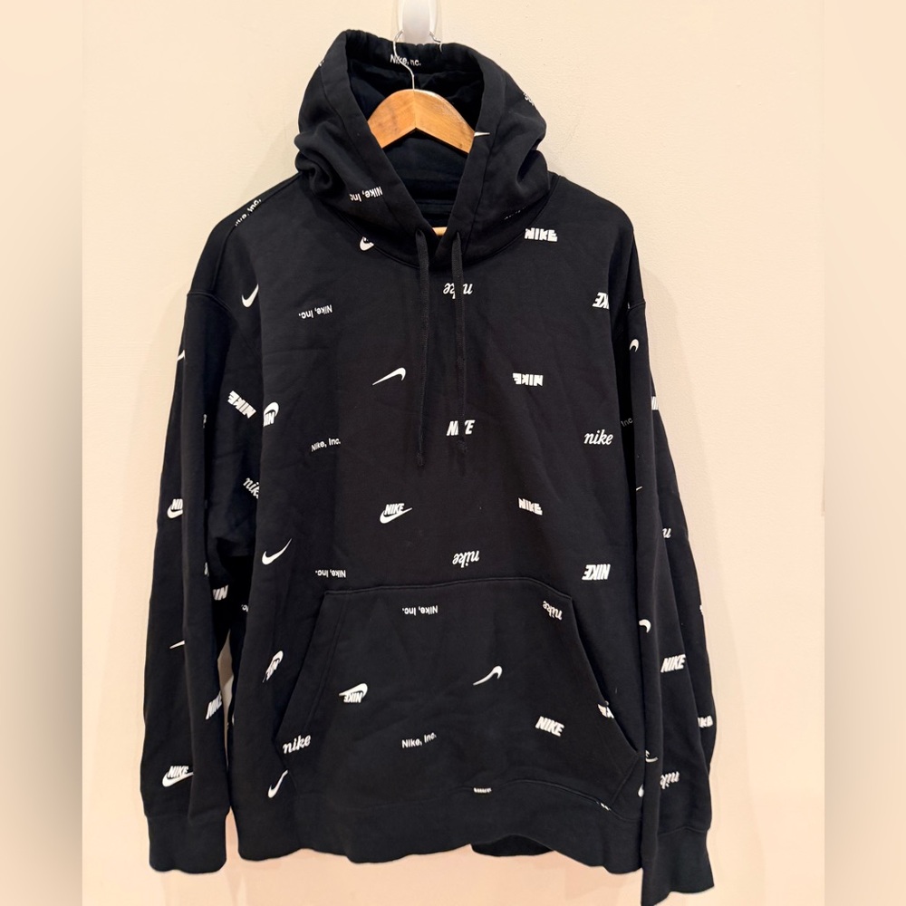 Nike Inc All Over Print Hoodie Sweatshirt Black Swoosh Logo Mens‎ Est 2XL